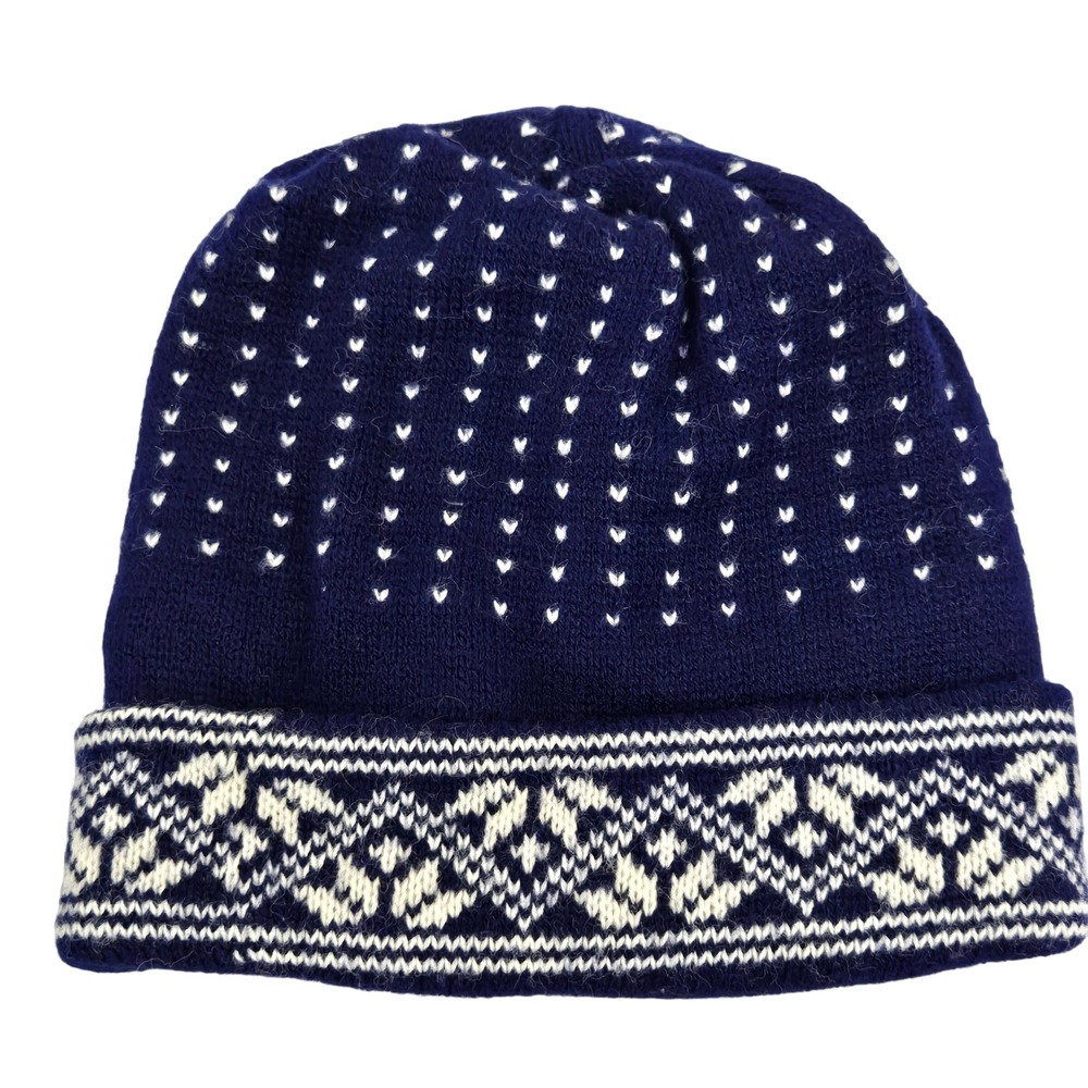 Navy Blue Knit Beanie Fair Isle Heart Pattern Winter Hat Adult One‎ Size Acrylic
